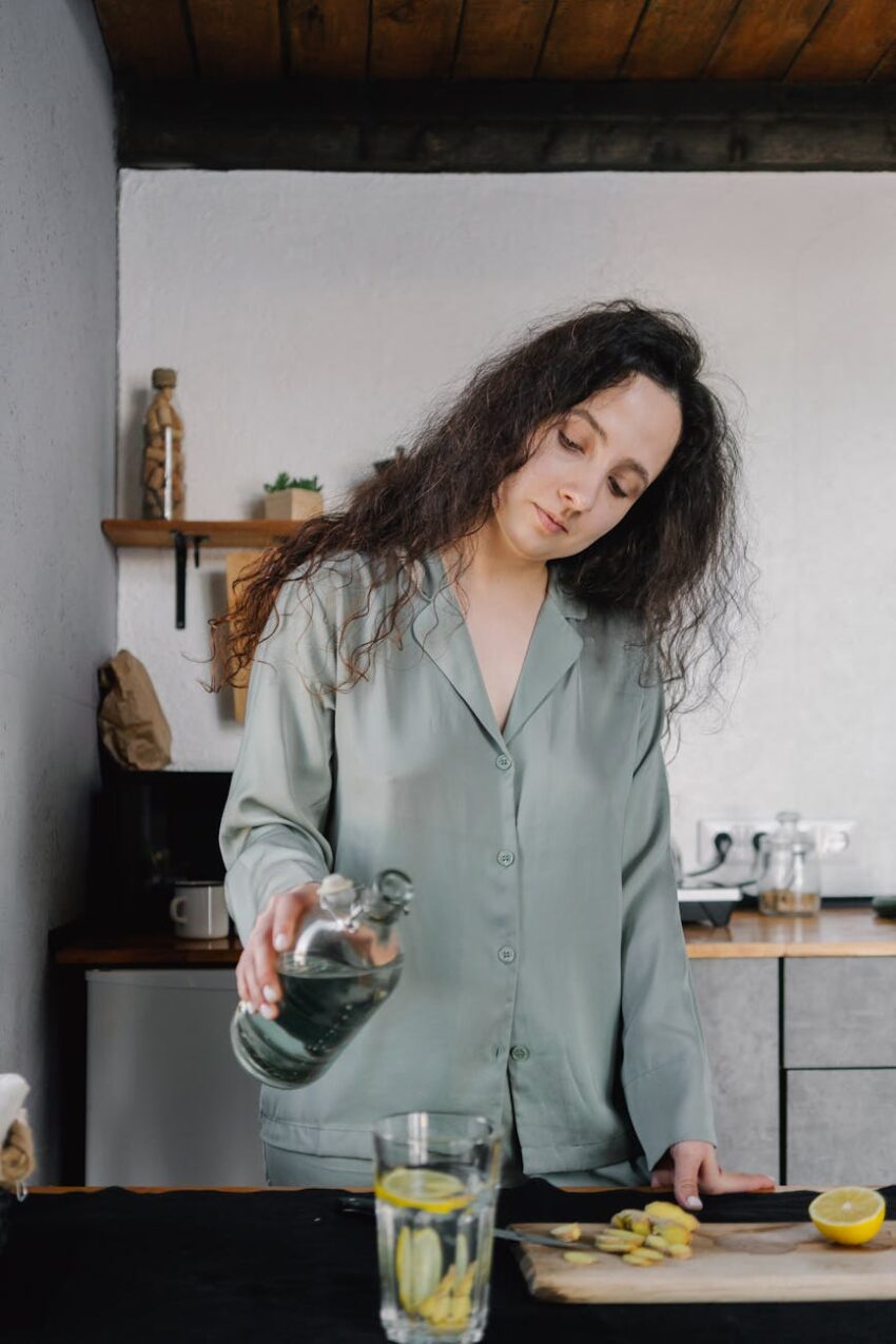 A woman pours water into a glass with lemon and ginger, highlighting a home wellness routine.