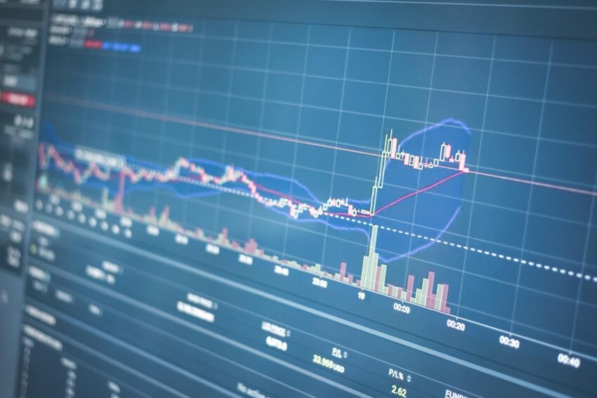 Close-up of a financial graph on a screen showing stock market trading data and trends.