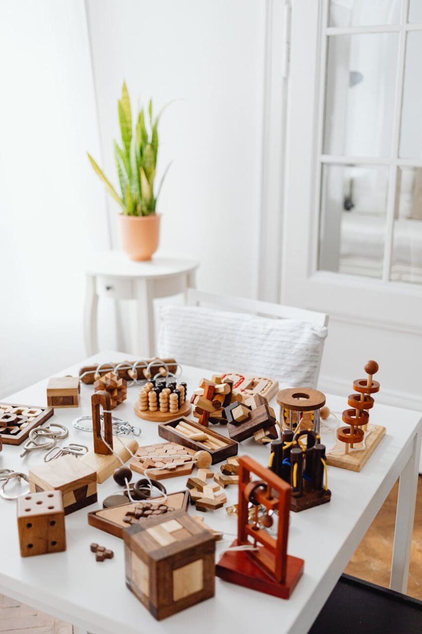 Explore a variety of wooden puzzles on a table, perfect for brain training and decor.