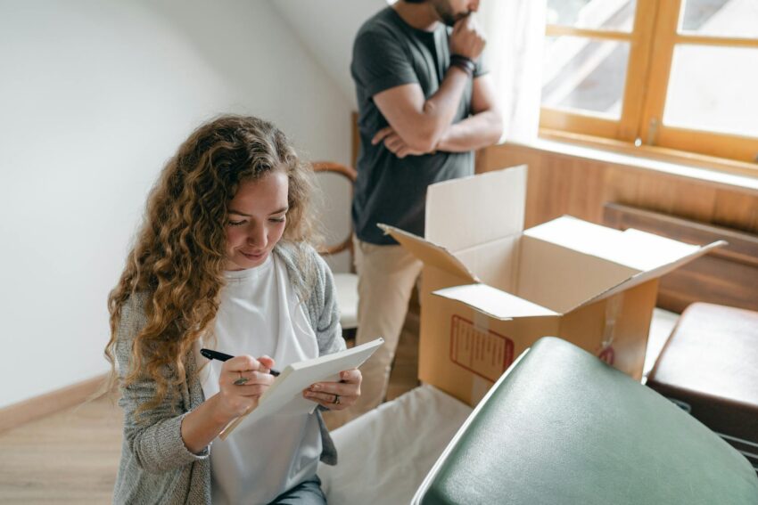 Pensive couple taking notes in bedroom near window while packing stuff in carton box to move into new apartment