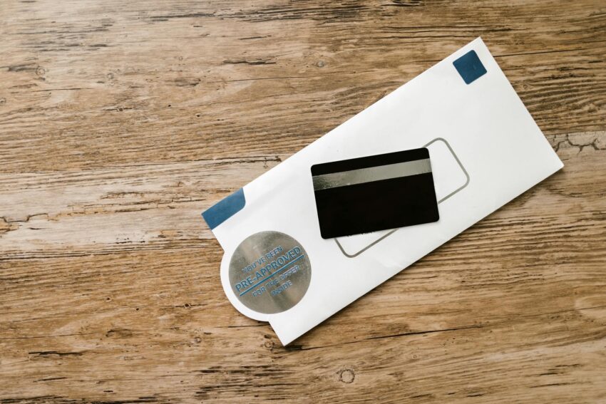 A blank credit card with a pre-approved envelope on a wooden table, showcasing financial opportunities.