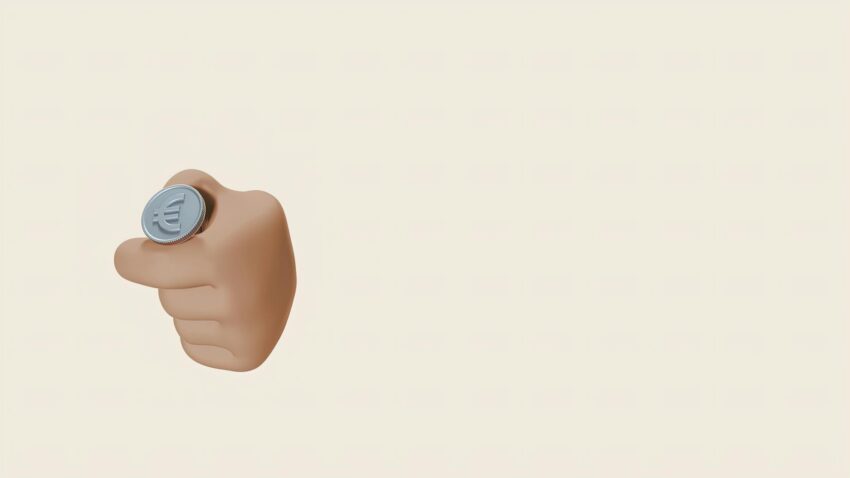 Minimalist 3D illustration of a hand holding a Euro coin against light background.