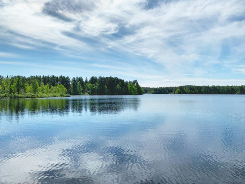 Serene lake landscape under a blue sky with lush green trees in Kandalaksha, Murmansk Oblast, Russia.