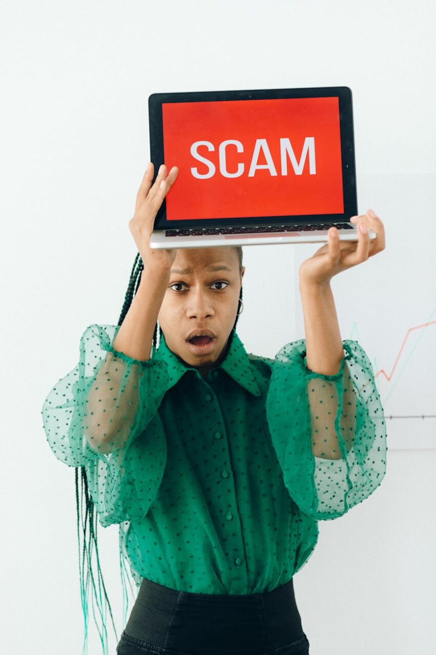 African American woman holding laptop displaying a scam alert, highlighting online fraud.