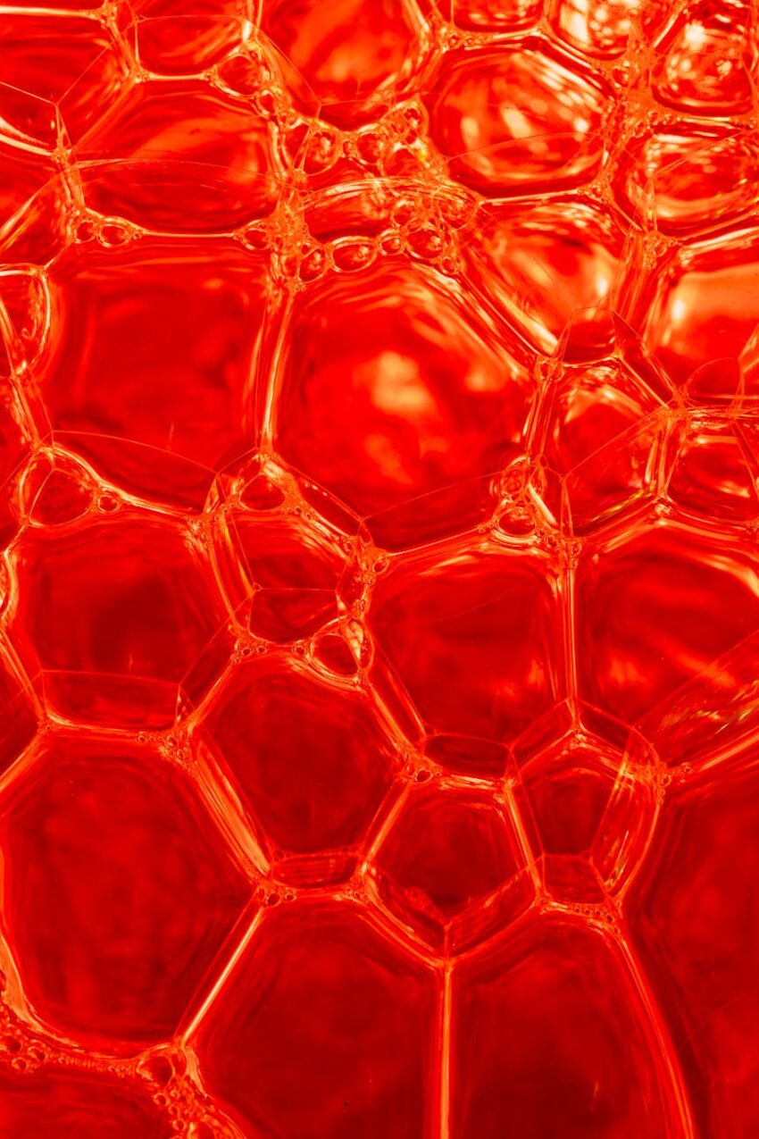 Vibrant red liquid bubbles in a macro abstract shot with intricate patterns.